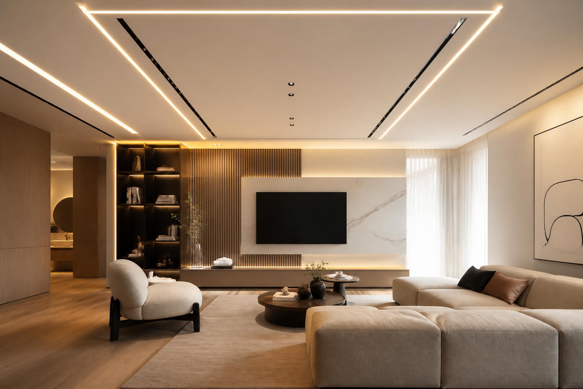 Sala remodelada com acabamentos premium e iluminação LED em pladur